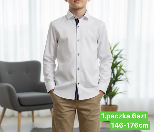 Koszule chłopięce Roz 146-176, 1 kolor Paczka 6 szt